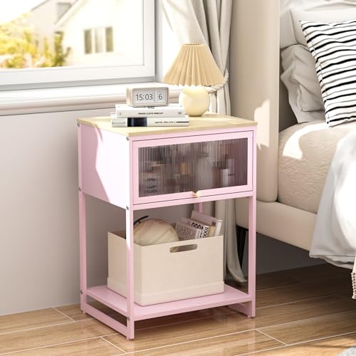 Pink-NightstandEnd-Tables-with-Storage-DrawerBedside-Table-with-Open-Storage-ShelfMetal-Side-TableDurable-Wood-Top-Side-Table-for-BedroomLiving-RoomDormGuest-BedroomPink Pink NightstandEnd Tables with Storage DrawerBedside Table with Open Storage ShelfMetal Side TableDurable Wood Top Side Table for BedroomLiving RoomDormGuest BedroomPink
