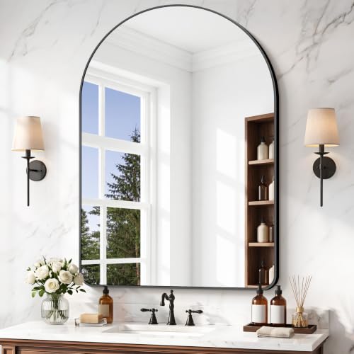 Image of BONEWEI Arched Wall Mirror,36x48 inch Black Arched Mirror Bathroom,Vanity Mirror for Over Sink Metal Frame,Tempered Glass Arch Mirrors for Bedroom,Entryway,Living Room,Home Decor Shatter-Proof