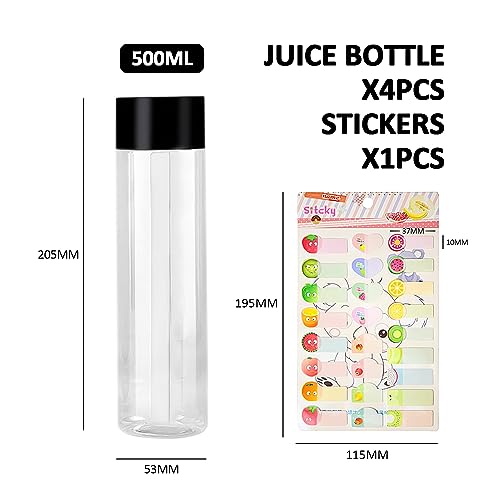 LSYYSL Four 16OZ(500ml) Transparent Cylindrical Plastic Juice Bottles, One Fruit Sticker, Reusable Milkshake Bottle - Image 2