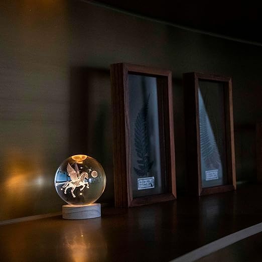 Image of 3D Galaxy Crystal Ball Night Light | Dimmable Engraved LED Glass Ball Table Lamp with USB and Wooden Base for Home Decor, Office, Birthday Gift & Kids Bedroom (Unicorn)