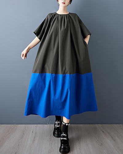 ellazhu Women's Dress Short Puffed Sleeve Patchwork Crewneck Two Side Pockets Tie-Neck Pus Size Casual Fashion Loose GZ595 A4