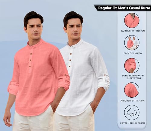 Image of Zombom Men's Combo Cotton Polyester Blend Solid Full Sleeve Straight Regular Fit Mandarin /Chinese Collor Kurta (Pack of 2)