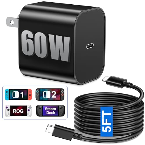 Image of Switch 2 Charger - 60W GaN AC Power Adapter for Nintendo Switch /OLED /Lite & Steam Deck /OLED, USB-C Cable, Original Quality, Supports 4K TV Mode, PD3.0 Fast Charger for PS4 Adapter, Galaxy