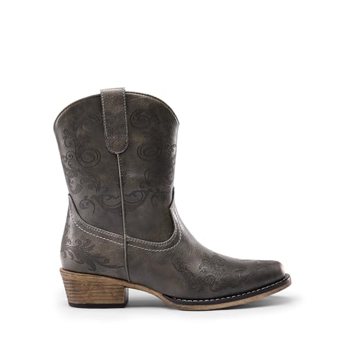 DREAM PAIRS Women's Cowboy Cowgirl Western Ankle Boots Low Chunky Heels Square Toe Fall Short Booties Shoes,Size 6,Grey,SDAB2407W