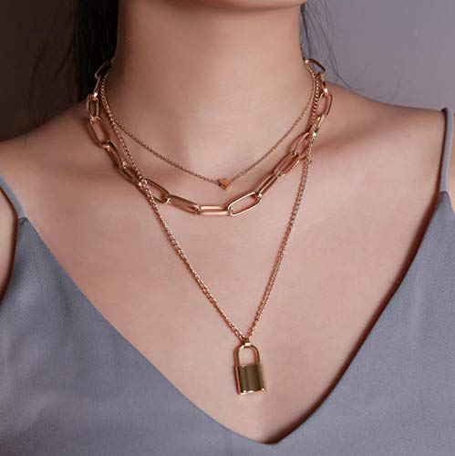 FUTIMELY 4PCS Layered Lock Chain Necklaces Set for Women Teen Girls，14K Gold/Silver Plated Bar Disc Coin Lock Pendant Multilayer Adjustable Punk Chain Choker Y Necklace3