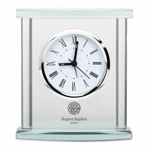 Executive Gift Shoppe Firefighter Personalized Glass Table Clock with Silver Finish Accents