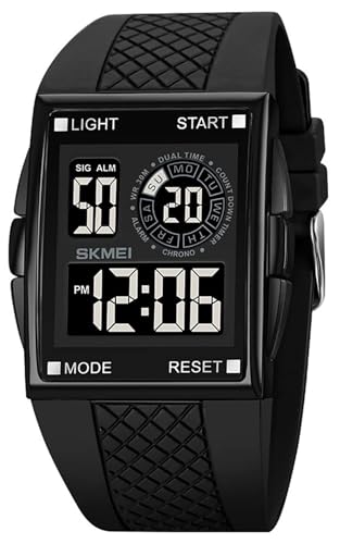 Gosasa Fashion Unisex Square Digital Watch Big Face Sport Outdoor Dual Time Countdown Electronic Watches Led Light Wristwatch for Men Women (Black)