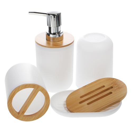 LALADEFIEE Accesorios de Baño de Madera con Electrochapado Dispensador de Loción Jabonera Vaso para Cepillos y Enjuague Conjunto Moderno Blanco para Hotel y Hogar