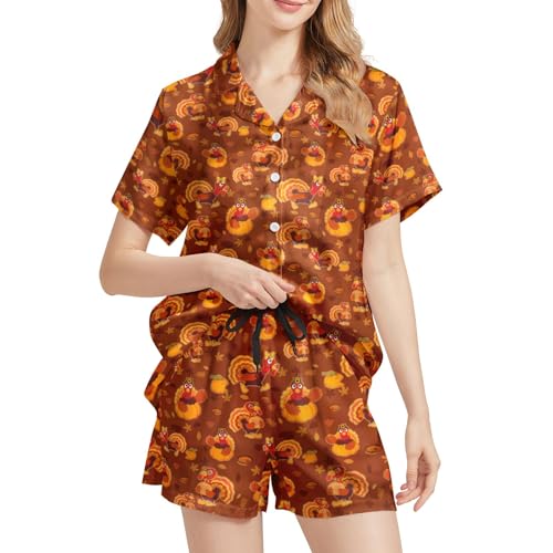 RSWSMXD Thanksgiving Womens Pajama Set Turkey Lounge Sets Pajamas Pjs Short Sleeve Sleepwear Button Down Satin Loungewear