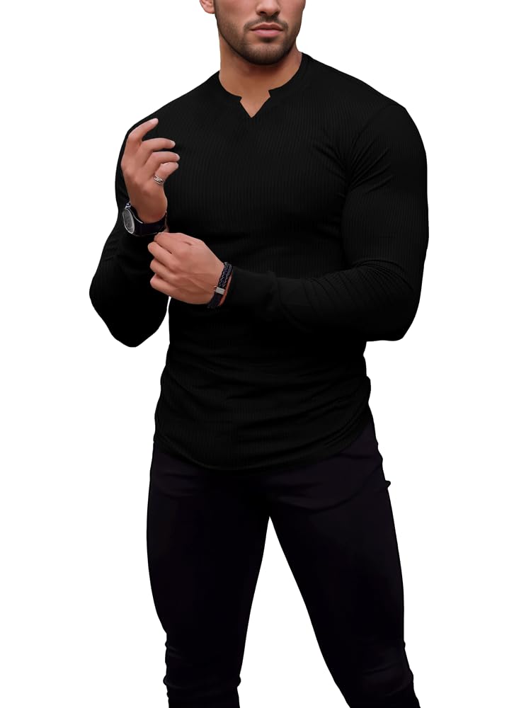 Men's Muscle Stretch Shirts Long&Short Sleeve V Neck Slim Fit Stylish T-Shirts Casual Thermal Underwear Large 02long-black