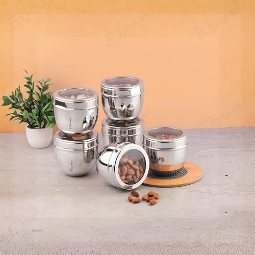 Image of Ebun Stainless Steel See Through Containers for Kitchen | Conical Shape Small Stainless Steel Dabba Set for Kitchen | Steel Container with Lid | 200 Ml Capacity | Pack of 6