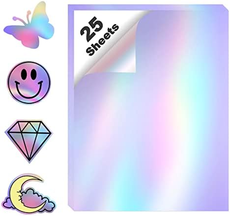 Printable Holographic Sticker Paper for Inkjet Printer, Holographic Overlay for Stickers 25 Sheets 8.5 x 11 Inch. Holographic Labels for Scrapbooking, Bullet Journal,Bottles,Jar,Laptop computer, Class Undertaking