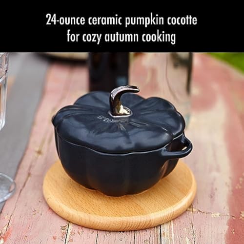 Image of STAUB Ceramic 0.75-qt Petite Ceramic Pumpkin, Oven & Stove Safe up to 572F, Pumpkin Dish, Ceramic Baking Dish, Candy Dish, Matte Black