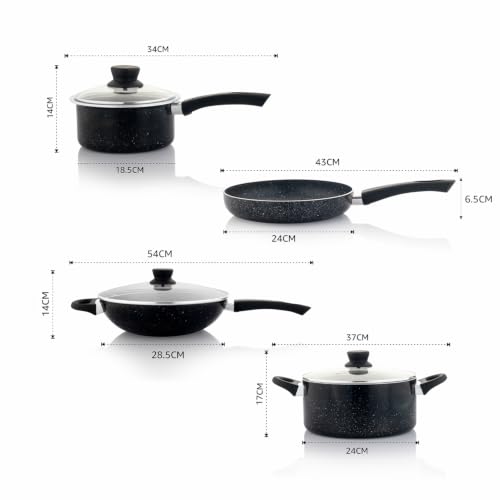 Image of Amazon Basics Granite Nonstick Cookware Set 4 Pieces | 16 cm Saucepan 1.5 L, 24 cm Fry Pan 1.6 L, 24 cm Casserole 4.7 L, 28 cm Wok 3.5 L with Lids | Aluminium Body | Gas & Induction Compatible