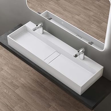Foto di doporro Lavabo Bagno Sospeso Rettangolare Lavabo doppio da Appoggio con 2 Fori Rubinetto 120 x 40 x 14 cm Bianco Opaco Lavandino in Resina Minerale Ideale per Casa Ristorante e Hotel Colossum6028