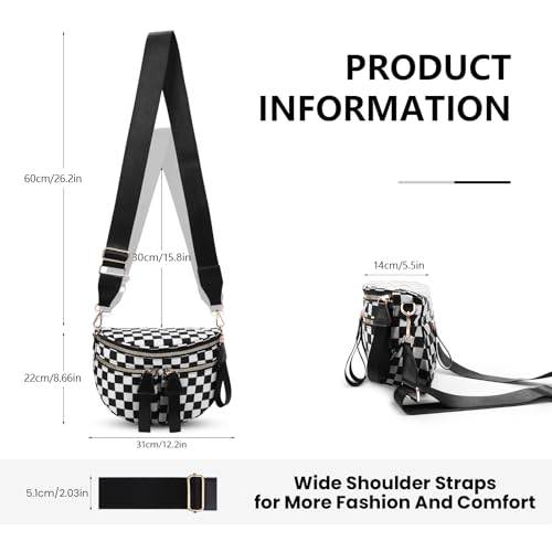 Image of hibear Checkered Crossbody Bag Spacious Bum Bags for Women Nylon Crossbody Fanny Packs Checkered Purse Belt Wallet (W-Black)