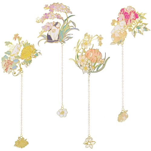エレガント 花と猫デザイン ゴールドメタル ブックマーク, フリンジペンダント付き, 和風アート, 読書愛好家向け装飾的栞 4pc