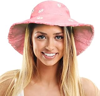 TOSKATOK Ladies Womens UPF 50+ Soft Washed Cotton Bucket Sun hat with Embroidered Daisy Motifs, Shapeable Brim and Frayed Edge