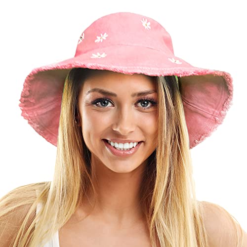 TOSKATOK Damen-Sonnenhut mit LSF 50+ Weich gewaschener Baumwolle mit gestickten G�nsebl�mchenmotiven, formbarer Krempe und ausgefransten R�ndern