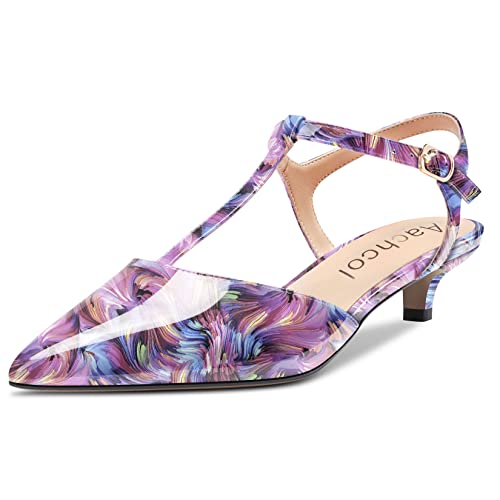 Aachcol Women Low Kitten Heel Pumps T-Strap Ankle Strap Pointed Toe Slingback Dress Shoes Office Party Wedding Patent 1 Inch