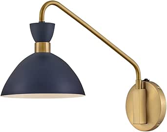 Lark Simon Single Light Indoor Sconce, Optional Hardwire or Plug-in, On/Off Switch, Articulating Arm, Matte Navy and Heritage Brass