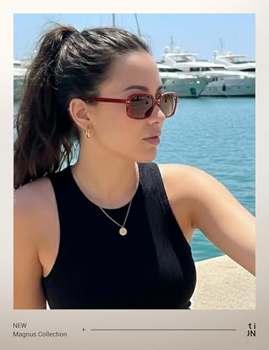 TIJN Retro Rectangular Sunglasses for Women,Vintage 90s Style,Trendy Lightweight UV Protection,Fashion Square Frame,Dark Red