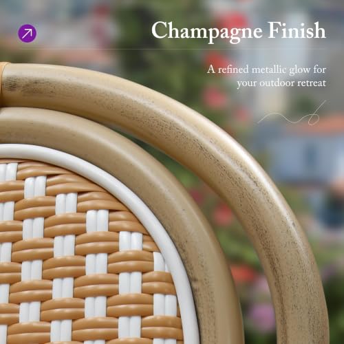 Image of PURPLE LEAF Patio Dining Chair Set of 1 Champagne Finish Amber White | French Weave Timeless Appeal, Two-Tone Weave Refined Style, PE Rattan Easy Outdoor Care, Coated Aluminum Lasting Use, Armless