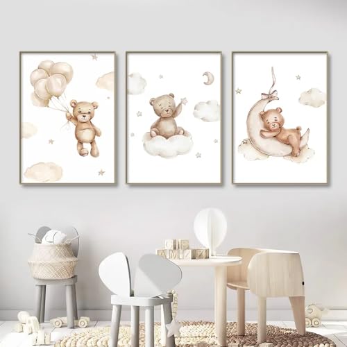 3 Affiche Ourson Chambre Bebe Poster Beige Tableau Ours Enfant Decoration Murale 30x40cm Impression sur Toile Boho Garcon Cadeau SANS CADRE