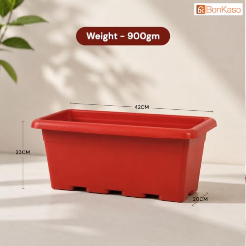 Image of Bonkaso 17 Inch Rectangular Planter, Set of 3|UV Resistant Plastic Flower Pot for Balcony Railing, Window Sill & Terrace Garden | Rectangular Indoor & Outdoor Plant Pot, Terra Red