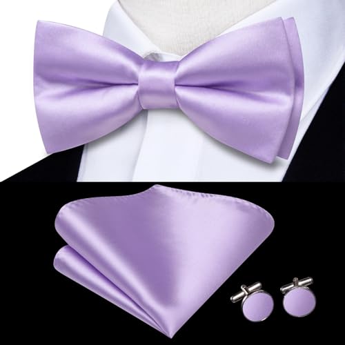 Image of Hi-Tie 5Pcs Mens Solid Color Silk Tie Satin Pretied Bowtie Lapel Pin for Men Handkerchief Cufflink Wedding Gift Box