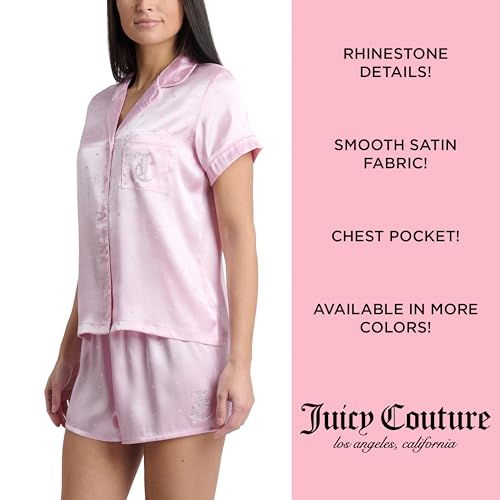 Image of Juicy Couture Women's 2 Piece Satin Notch Collar Button Down Shirt and Pajama Shorts Lounge and Sleepwear Set