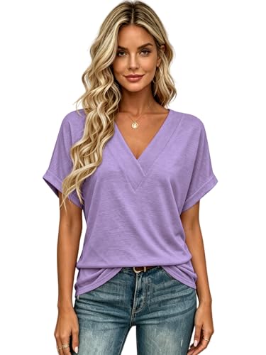 Image of T Shirts Short Sleeve V Neck Tees Womens Tops Beach Vacation Fashion Clothes 2026 Casual Summer Spring Fall Outfits
