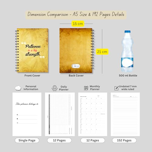 Image of Motivational Notebook Diary A5 Size (15 x 21 cm), 192 Pages Hard Bound Spiral Journal with Daily & Monthly Planner, Inspirational Patience Quote Cover, Twin Wire Bound Ruled Writing Notebook for Students, Women & Professionals