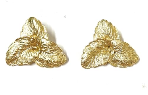 Image of Gold-Tone Triple Leaf Cluster Stud brass Earrings, Textured Botanical Design, Statement Jewellery