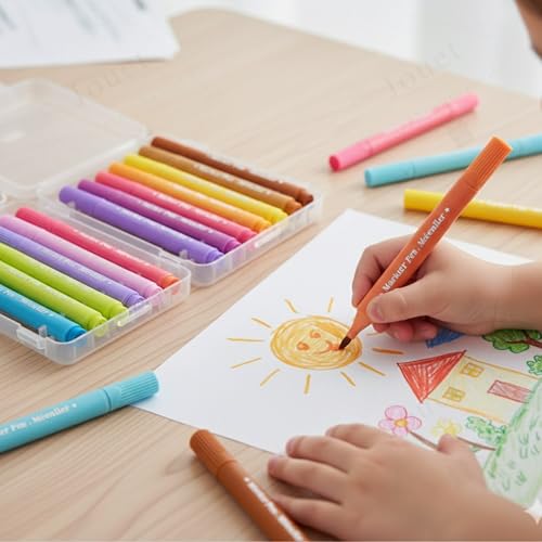 Image of JOUET Washable Triangle Markers for Kids, Ergonomic Easy-Grip Design, Safe and Vibrant Coloring Pens for School & Art Projects, Set of 12 Colors