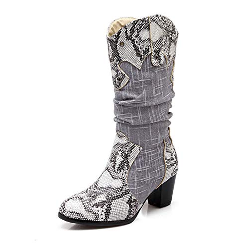 HLDJ Las Mujeres Serpentina Tacones Puntiagudos Flax Costura Slip-En Mediados Arranque Caballero Vaquero Vintage Botín Delgado Todo-Fósforo Cómodo Otoño Antideslizante Y El Invierno,Gris,EU39