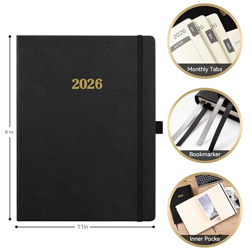 2026 Planner - Weekly and Monthly Planner 2026, Jan.2026 - Dec.2026, 9" x 11", 2026 Calendar Planner with Inner Pocket + Bookmarks+ Leather Hardcover, Black