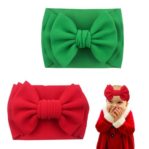 2pcs Red Green Bow Headbands for Newborn Baby Girls, Christmas Hair Bow Headbands 7inch Big Stretchy Soft Head Wrap Turban Hair Accessories Gifts for Infant Toddler Baby Girl Newborn Essentials