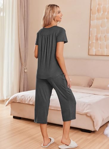 Image of Ekouaer Women's Pajama Sets Short Sleeve Sleepwear Button Up Pj Loungewear Top and Capri Pants with Pockets