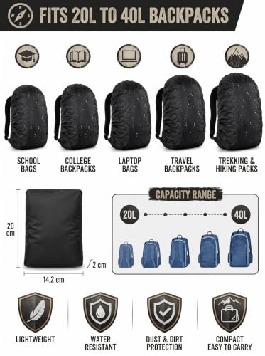 Image of Waterproof Backpack Rain Cover for School, College & Laptop Bags | Heavy Duty Nylon Dustproof & Rainproof Protector with Elastic Adjustable Fit for Travel & Hiking Backpacks (20L-40L, Black)