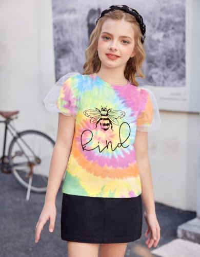 Image of Arshiner Girls Shirts Mesh Puff Short Sleeves Tops Cute Print Kids Tees