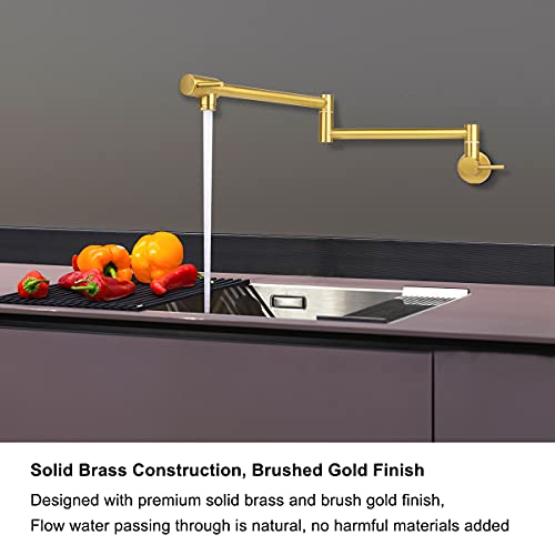 Kwode Gold Pot Filler Faucet 24 Inch Brass Commercial Wall Mount Kitchen Sink Faucet Folding Stretchable With Single Hole Two Handles #TOP4