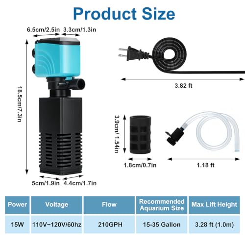 Image of DaToo Aquarium Filter 15-35 Gallon Fish Tank Filter 210GPH Powerful Pump for Aquariums Adjustable Air Flow Submersible Internal Aquarium Filters for Pond Wavemaker Air Supply Freshwater and Saltwater