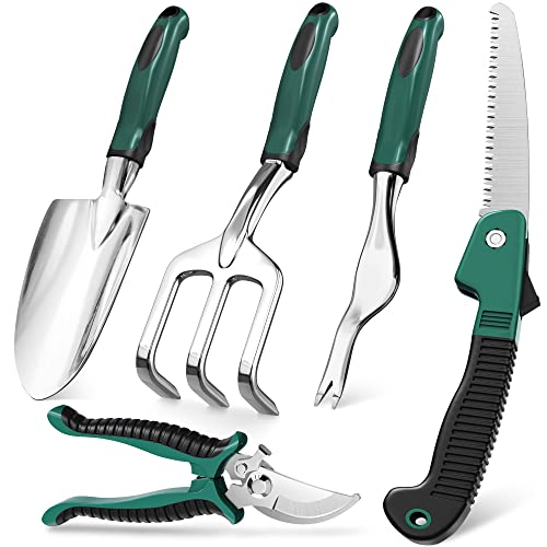 FiveJoy Garden Tool Set, 5 Piece Aluminum Alloy Steel Hand Tool Starter Kit, Mini Outdoor Shovel Tool, Heavy Duty Gardening Work Set with Ergonomic Handle, Gardening Trowel Tools, Gift for Women