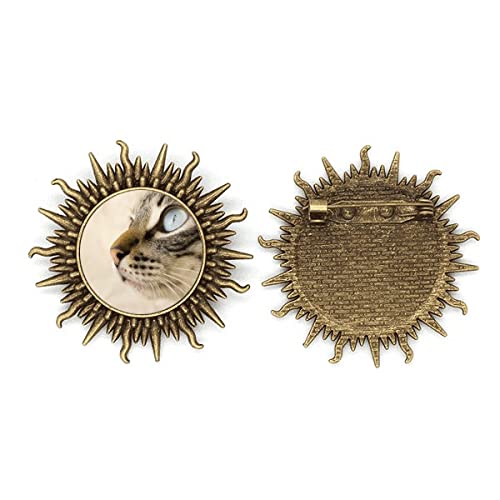 Broche chaton en métal gris gravé avec œil bleu en cristal