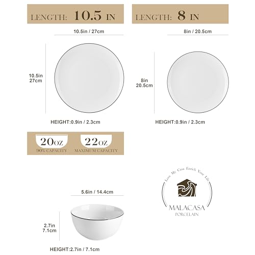 Image of MALACASA 12 Pieces Gourmet Porcelain Dinnerware Sets, Modern White with Black Rim Dish Set for 4, Premium Serving Plates and Bowls Sets, Chip and Scratch Resistant Dishware Sets, Series AMELIA
