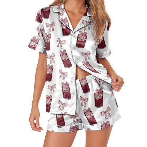 Image of Women 2PCs Satin Pajama Set Short Sleeve Silk Feel Gift Sleepwear | Soft stretch satin; relaxed comfort fit sizes S-3XL for sleep & lounge; short sleeve top, elastic waist shorts; easy care