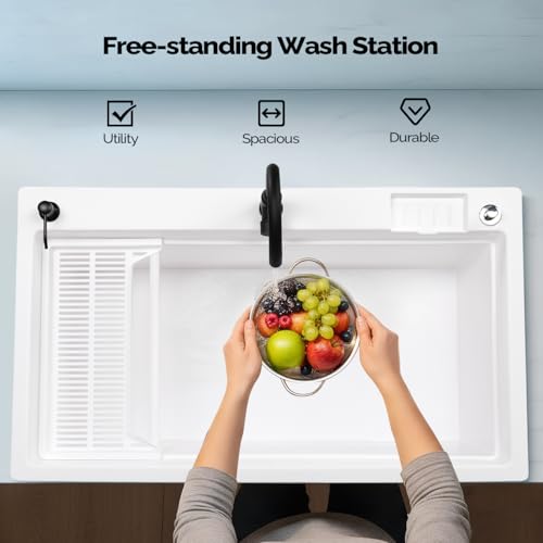 Image of Vingli 37-Gallon Freestanding Utility Sink with Faucet, 36 inch Heightened Basin for Laundry, Garage, Outdoor Garden, Pet Wash, Heavy Duty Plastic Laundry Tub with Storage Shelf, 40 inchLx24 inchWx36 inchH, White