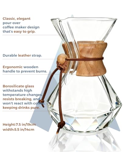 AGOGO Pour Over Coffee Maker Glass - 6/8/10 Cup Barista Kit with 304 Stainless Filter for Home, Office, Camping, Cafes - Easy Clean Coffee Dripper Set (Rag&Brush Included) (8 Cup/28 oz-Diamond Shape)