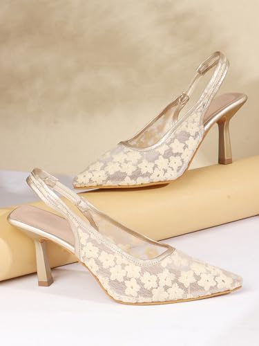 Image of TRYME Women's Floral Embroidered Mesh Mules Style Pointed Toe Slingback Stilettos Heel Sandals